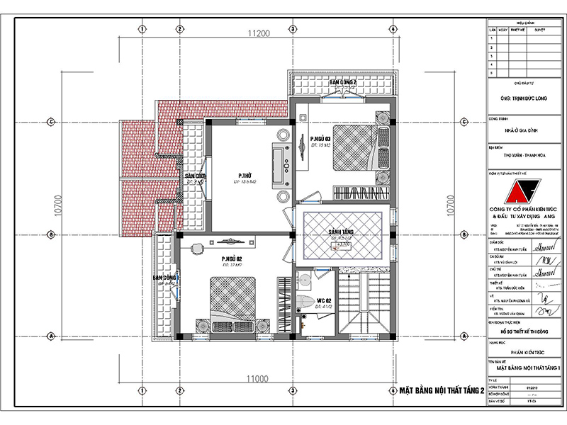 Bản vẽ tầng 2: Sảnh tầng 9.5m2, Phòng thờ: 13.5m2, Sân chơi 4m2, Phòng ngủ 2: 17m2, Ban công 3m2, Phòng ngủ 3: 15m2, WC2: 4m2
