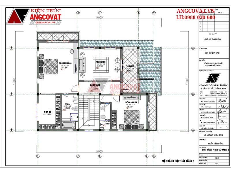 Mặt bằng công năng sử dụng của tầng 2 gồm: Sảnh tầng 9,2m2; Phòng thờ 18,3m2; Sân chơi 9,3m2; Phòng ngủ 02 18,2m2; WC3 4,4m2; Phòng ngủ 03 28,2m2; Phòng thay đồ 11,2m2; WC4 8m2