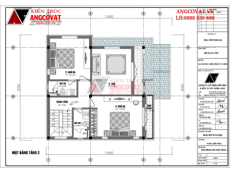 Tầng 2 bản vẽ nhà 2 tầng 3 phòng ngủ gồm: Phòng thờ: 16m2; Phòng ngủ 2: 17.5m2; WC2: 4m2; Sảnh tầng 4m2; Phòng ngủ 3: 13,5m2; WC3: 4m2; Ban công: 3.2m2. 