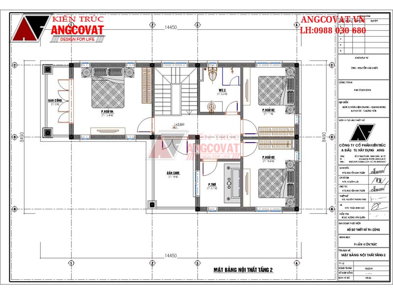 Bản vẽ chi tiết công năng sử dụng của tầng 2 gồm: Phòng ngủ 2: 11m2; Phòng ngủ 3: 10m2; Phòng ngủ 4: 16m2; ban công: 5m2; WC2: 5.6m2; sân chơi: 10m2, phòng thờ: 5.7m2.