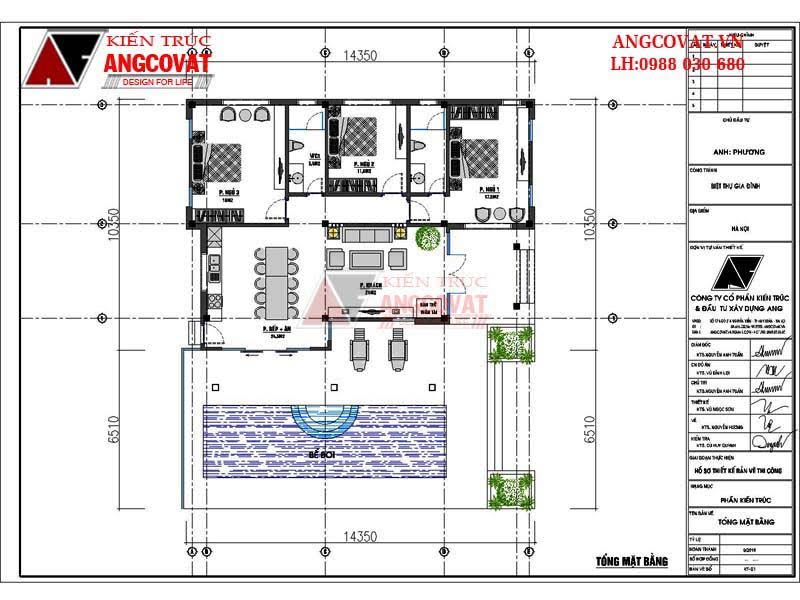 Mặt bằng tổng thiết kế biệt thự đẹp mặt tiền 10m 1 tầng 140m2 3 phòng ngủ