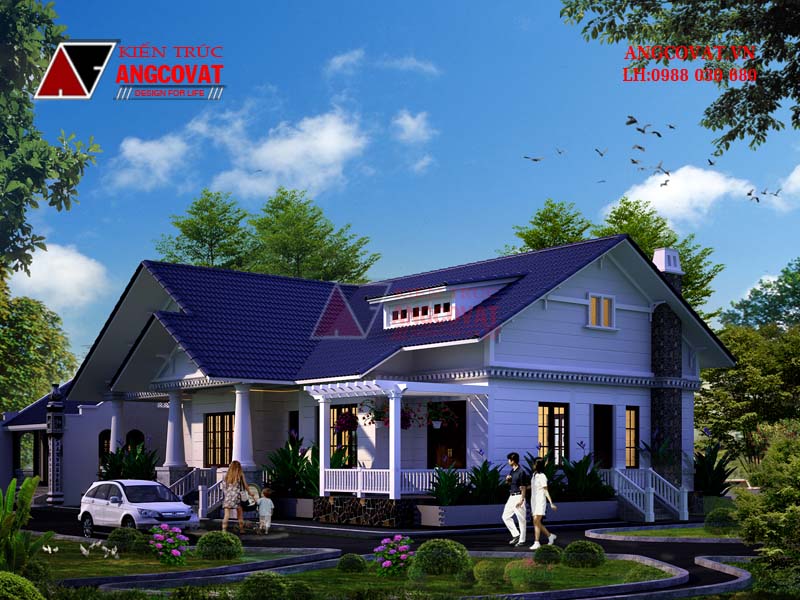 Phối cảnh view1: Mẫu thiết kế nhà biệt thự ở quê đẹp 1 tầng 220m2
