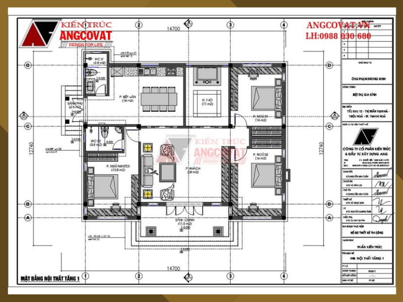 Thiết kế mặt bằng tầng 1 nhà cấp 4 hình vuông 130m2 