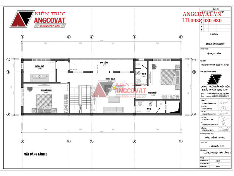 Thiết kế nhà 2 tầng kinh doanh bố trí tầng 2 gồm: Phòng khách 25m2, Ban công 10m2, Phòng ngủ 1: 19.5m2, WC2: 5.5m2, WC3: 5.3m2, Phòng thờ: 10m2, Phòng ngủ 2: 19m2.