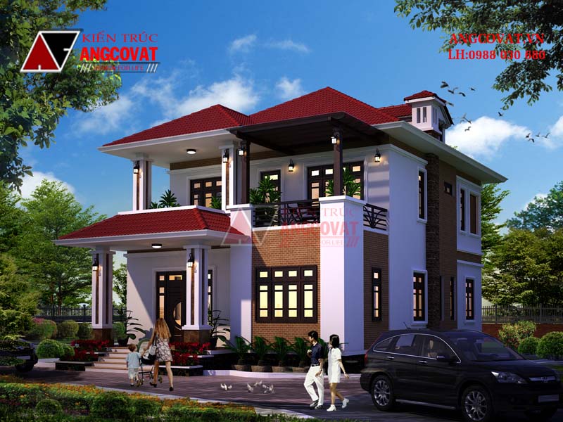 Mẫu nhà 2 tầng có sân thượng mái thái