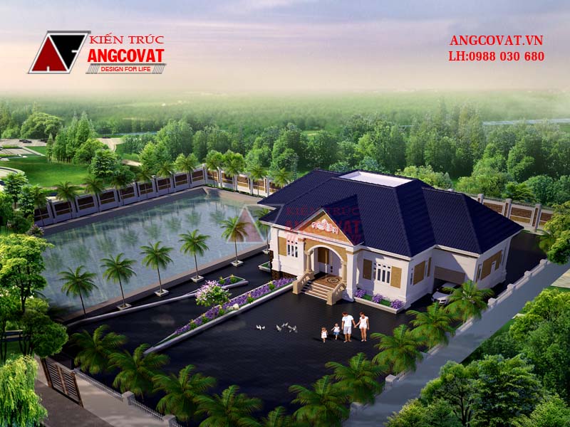 Phối cảnh 4: Thiết kế nhà 250m2 1 tầng có tầng hầm tân cổ điển 4 phòng ngủ