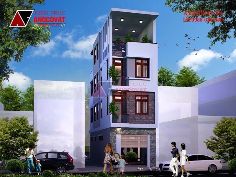 Hình ảnh phối cảnh mẫu thiết kế nhà phố  4 tầng mái bằng