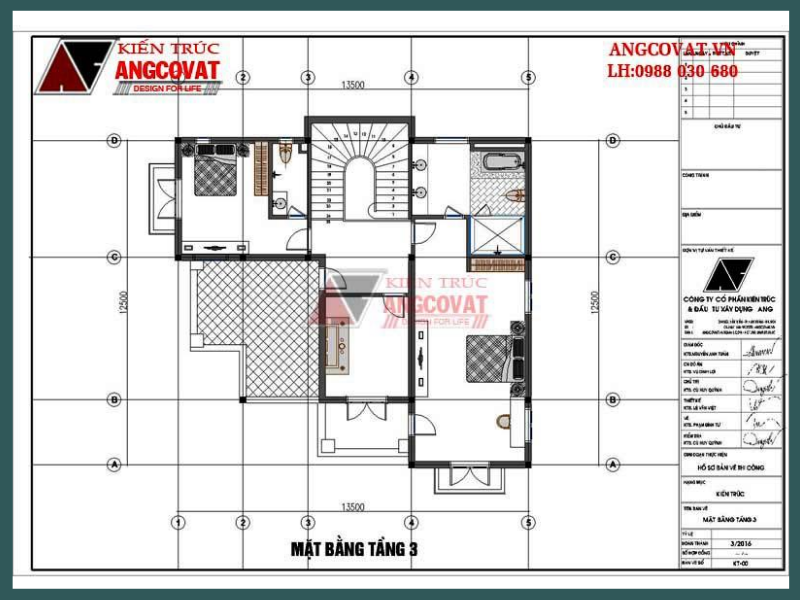 Thiết kế mặt bằng tầng 3 mẫu nhà nhà 3 tầng 2 mặt tiền 150m2
