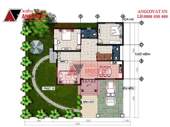 Thiết kế nhà tiện nghi, có những công năng cụ thể như: 1 Phòng khách, 2 phòng ngủ, 1 phòng bếp ăn, 2 vệ sinh chung, 1 gara ôtô - Diện tích xây dựng: 200m2