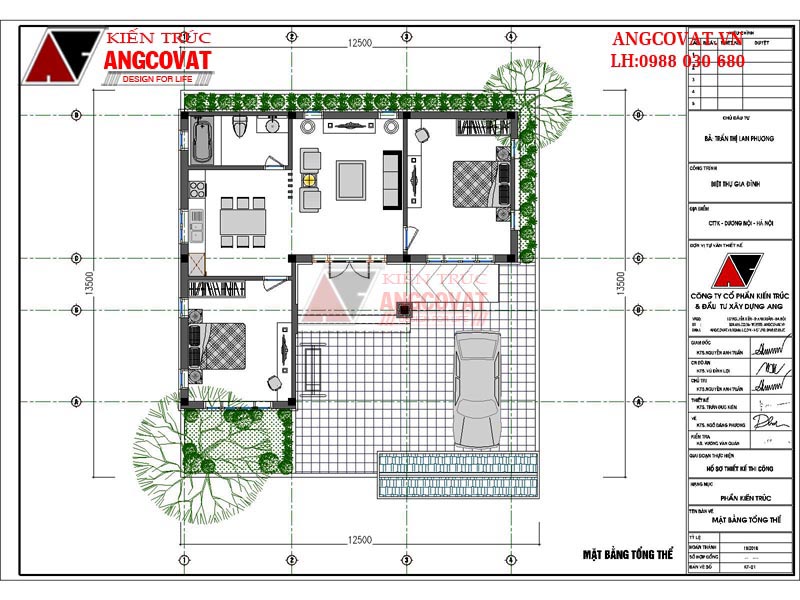mặt bằng biệt thự mini một tầng mái thái
