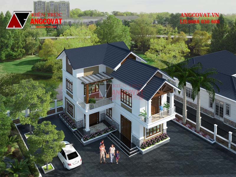 Phối cảnh view 3: Chi tiết thiết kế nhà biệt thự 2.5 tầng đẹp diện tích 140m2 hiện đại mái thái