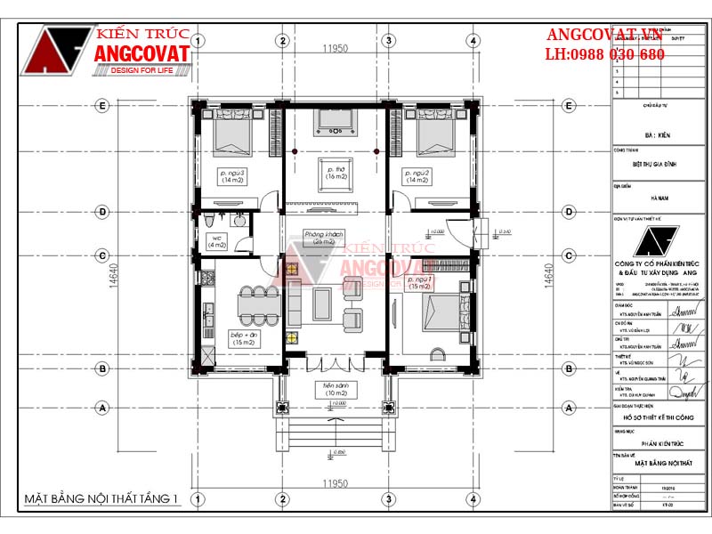 Mẫu thiết kế nhà 1 tầng 3 phòng ngủ 1 phòng thờ diện tích 130m2 - Mặt bằng tầng 1