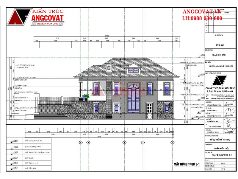 Mẫu thiết kế nhà cấp 4 8x14m 100m2 có tầng hầm 3 phòng ngủ - Mặt đứng trục 5-1