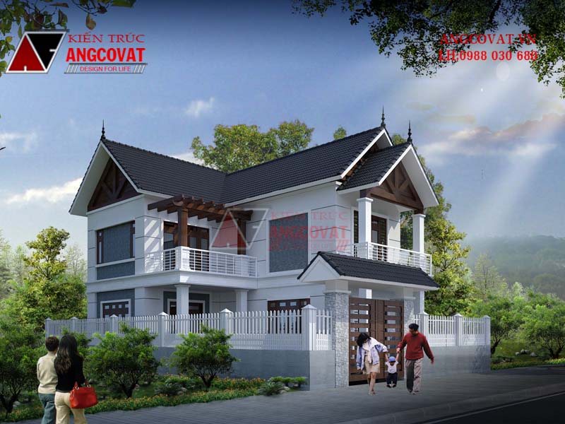 Phối cảnh view 2: Mẫu thiết kế nhà chữ L diện tích 100m2 2 tầng đơn giản 3 phòng ngủ