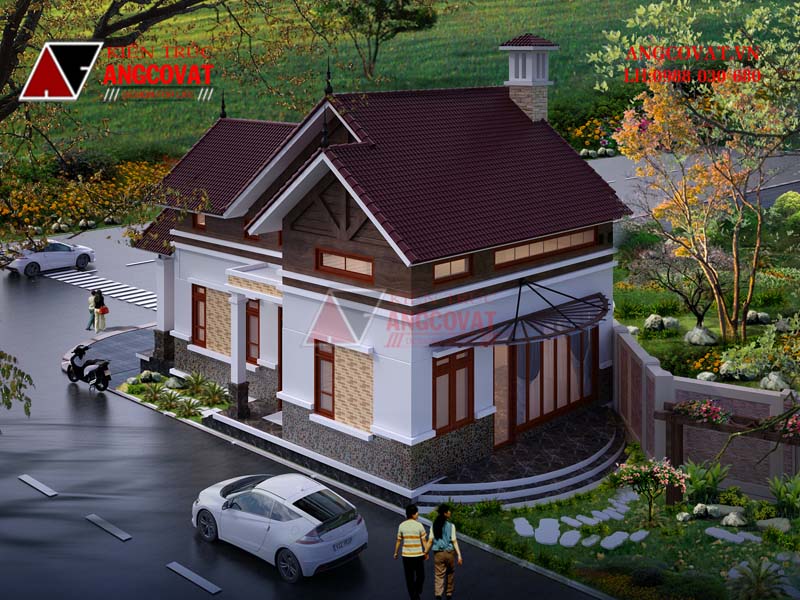 Phối cảnh 3: Thiết kế nhà 1 tầng diện tích 70m2 3 phòng ngủ mái thái ở quê 
