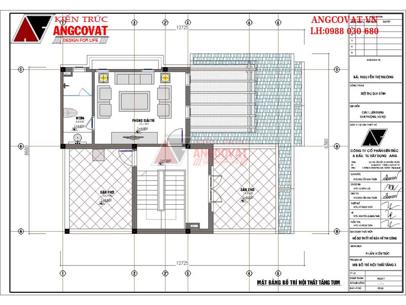 Thiết kế nhà 2 tầng có gác lửng diện tích 100m2 4 phòng ngủ mái thái - Mặt bằng tầng lửng