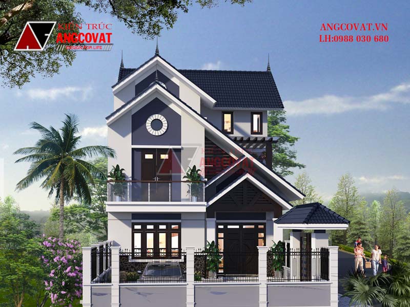 Phối cảnh 2: Thiết kế nhà 2 tầng có gác lửng diện tích 100m2 4 phòng ngủ
