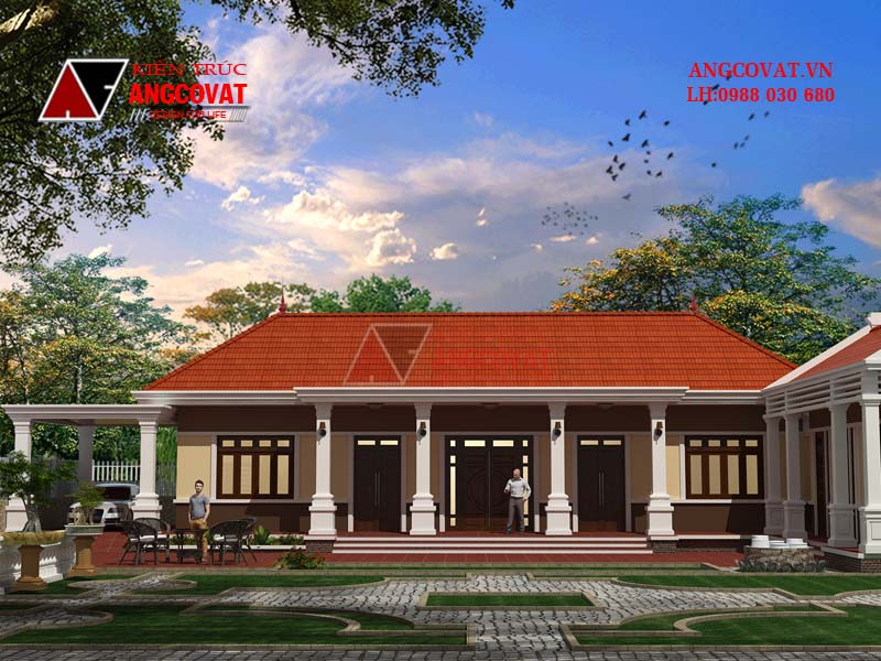 Phối cảnh 1: Thiết kế nhà 900 triệu 1 tầng diện tích 150m2 mái thái đẹp