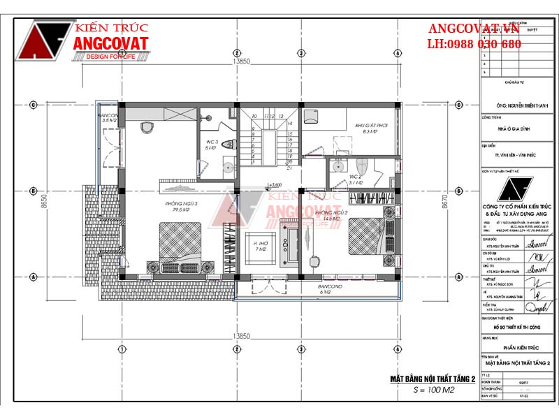 Thiết kế nhà 9x14m 2 tầng 3 phòng ngủ diện tích 100m2 mái ngói - Mặt bằng nội thất tầng 2