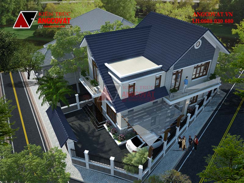 Phối cảnh view 3: Thiết kế nhà 9x14m 2 tầng 3 phòng ngủ diện tích 100m2 mái ngói