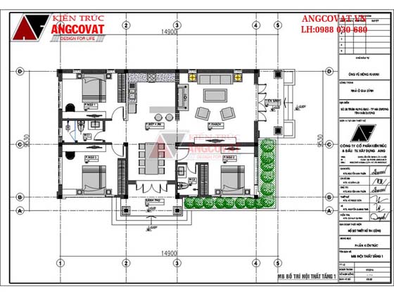 Thiết kế nhà cấp 4 mặt tiền 10m diện tích 120m2 3 phòng ngủ mái thái - Mặt bằng tầng 1