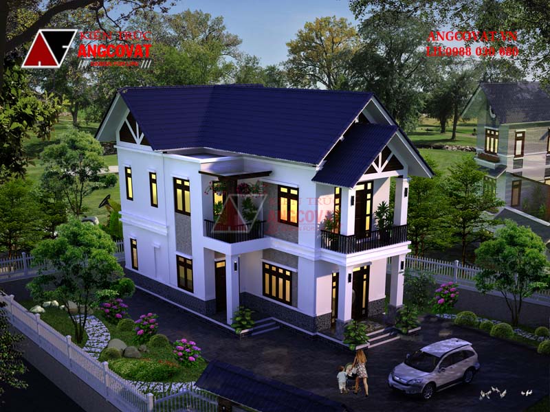 Phối cảnh view 3: Mẫu thiết kế nhà đẹp 2 tầng 7x16m diện tích 100m2 4 phòng ngủ mái thái tinh tế