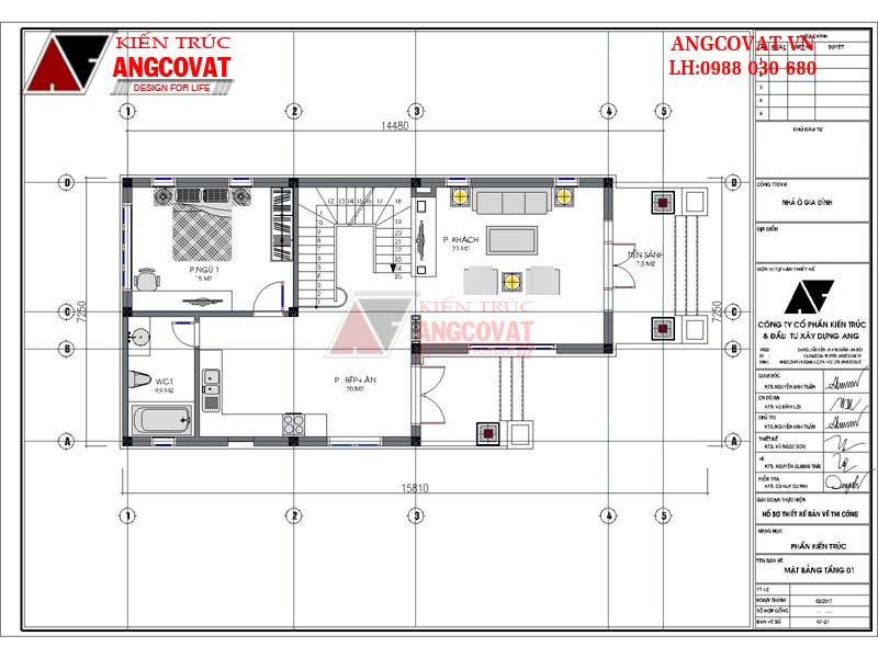 Mẫu thiết kế nhà đẹp 2 tầng 7x16m diện tích 100m2 4 phòng ngủ mái thái hiện đại - Mặt bằng tầng 1