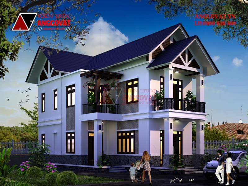 Phối cảnh view 1: Mẫu thiết kế nhà đẹp 2 tầng 7x16m diện tích 100m2