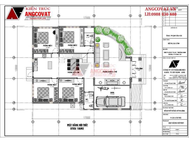 Thiết kế nhà ngang mặt tiền 13m 1 tầng kiểu Âu 4 phòng ngủ mái thái - Mặt bằng tầng 1