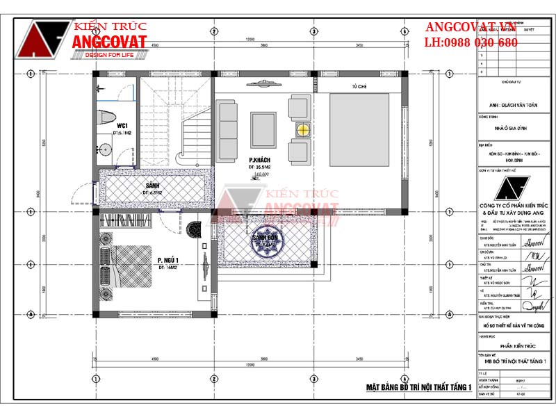 Xây nhà 2 tầng diện tích 90m2 hình chữ L 3 phòng ngủ mặt tiền 12m - Mặt bằng tầng 1