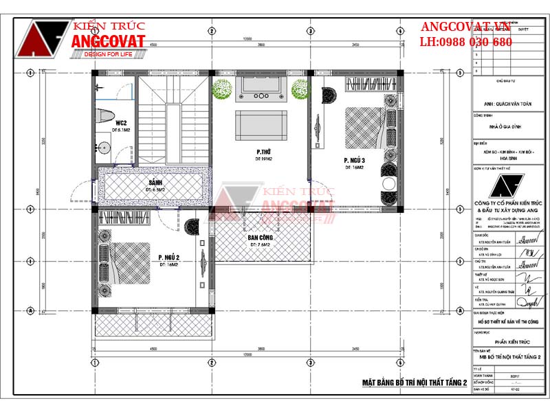 Xây nhà 2 tầng diện tích 90m2 hình chữ L 3 phòng ngủ mặt tiền 12m - Mặt bằng tầng 2