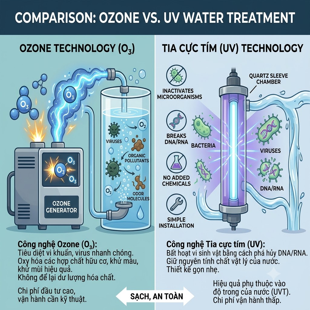 Ozone và UV: So Sánh Công Nghệ Khử Trùng Nước Tốt Nhất Cho Doanh Nghiệp