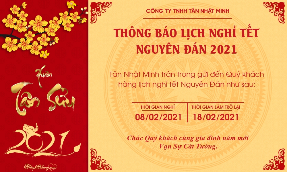 Lịch nghỉ tết và làm việc lại của Tân Nhật Minh 2021