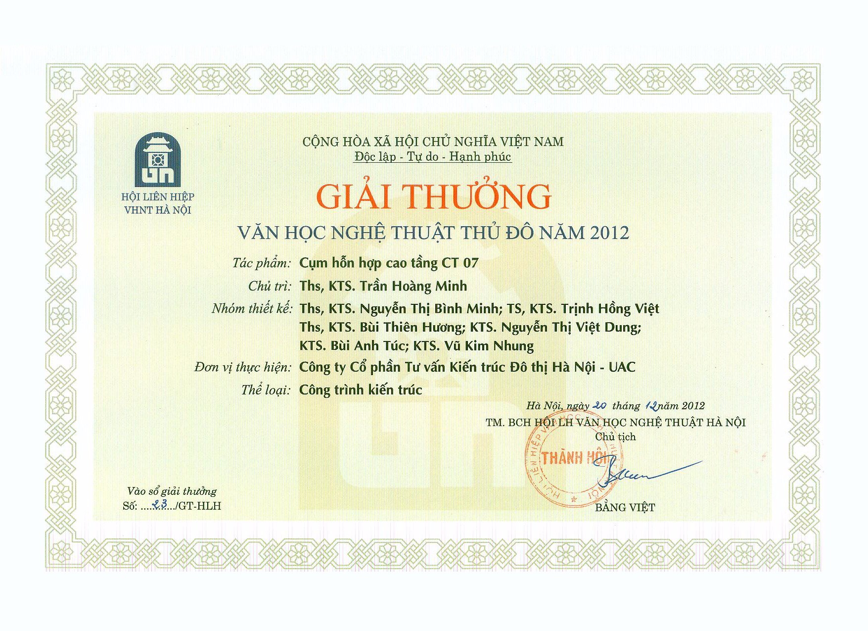 Giải thưởng văn học nghệ thuật thủ đô năm 2012