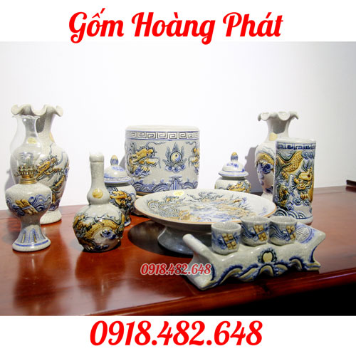 Bộ đồ thờ men rạn đắp nổi rồng cho chung cư DTR003-1