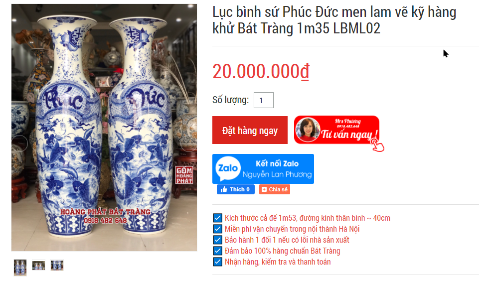 Lục bình sứ Phúc Đức men lam vẽ kỹ hàng khử Bát Tràng 1m35 LBML02