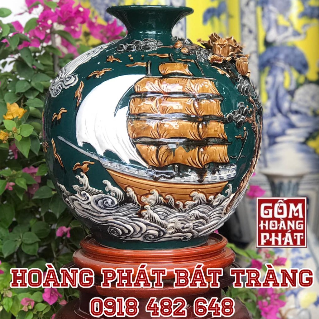Bình hút tài lộc Thuận buồm xuôi gió đắp nổi xanh ngọc lục bảo Bát Tràng cao H38cm BHL89
