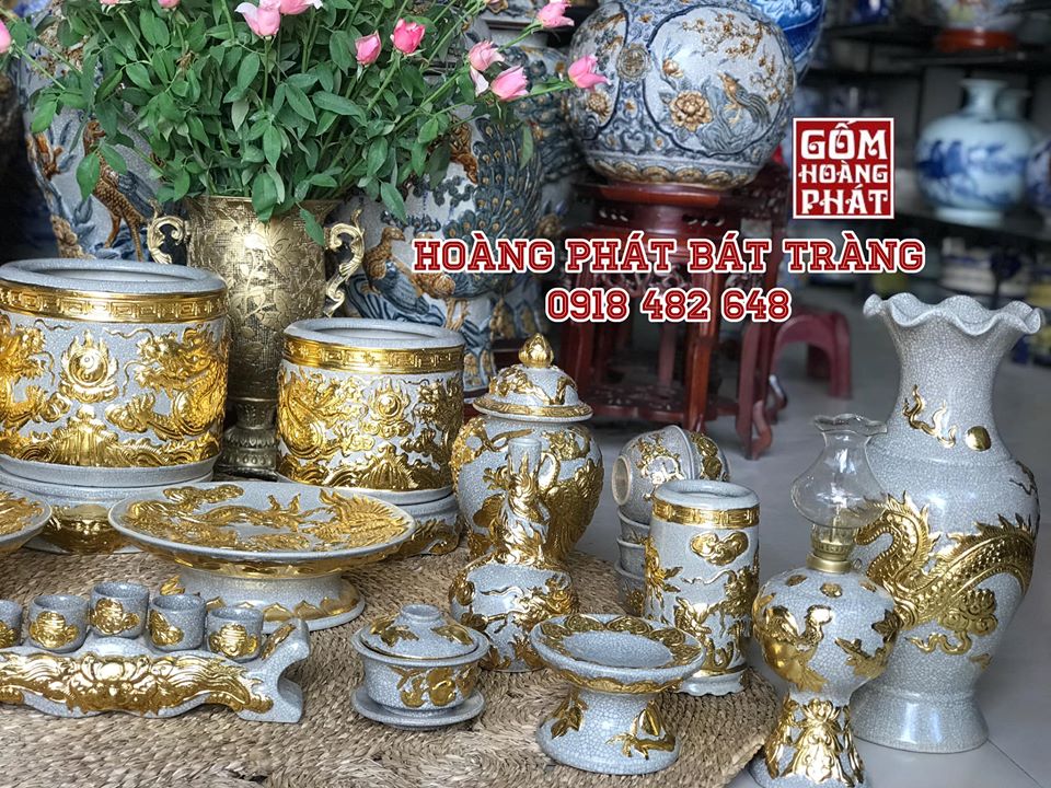 Bộ đồ thờ dát vàng Lưỡng Long Chầu Nguyệt Bát Tràng 5