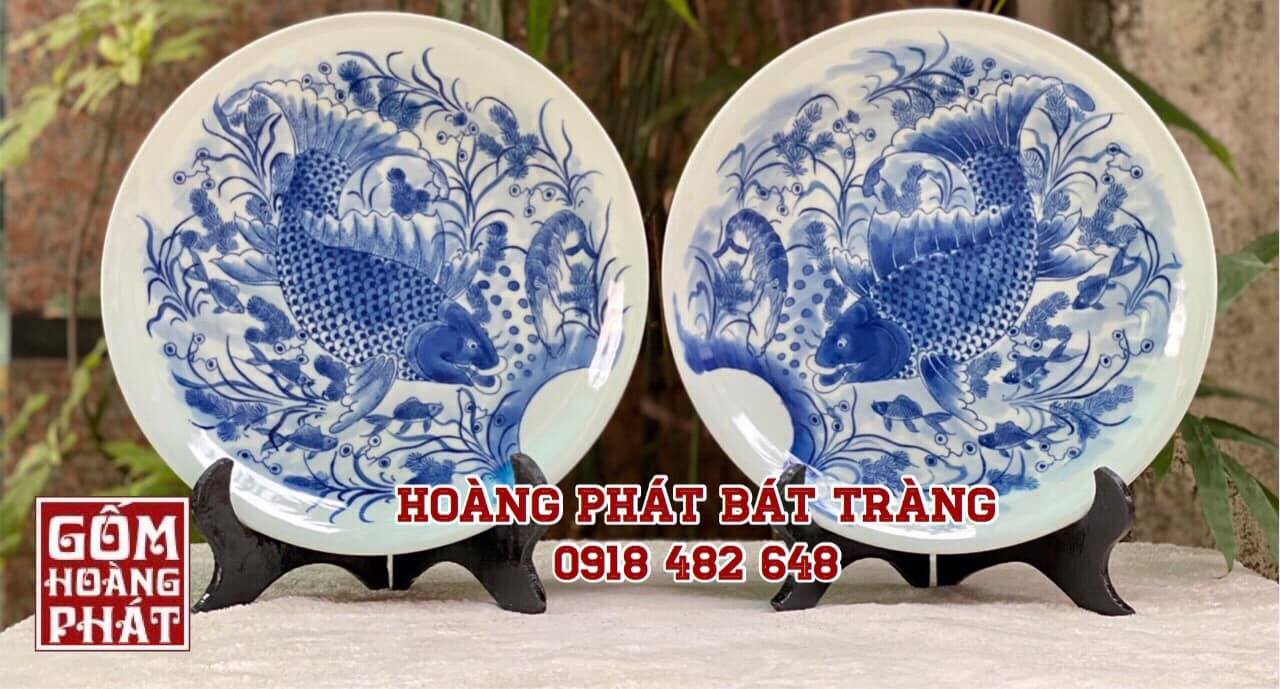 Đĩa cảnh Lý ngư vọng nguyệt men lam vẽ kỹ Bát Tràng đường kính 26cm 4