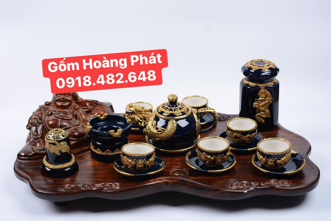 Bộ ấm chén cao cấp chạm rồng nổi men xanh coban cao cấp Bát Tràng