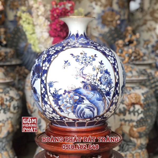 Bình hút tài lộc tứ quý vẽ vàng kim cao cấp 24k H35cm