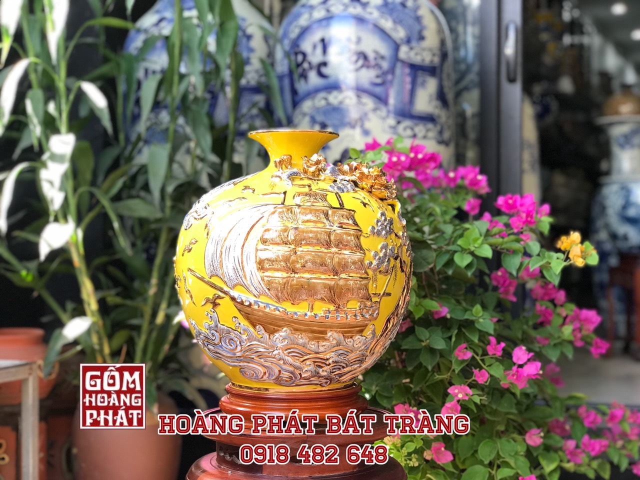 Bình hút tài lộc Thuận buồm xuôi gió đắp nổi vẽ vàng  24K cao cấp Bát Tràng cao H38cm BHL85 2