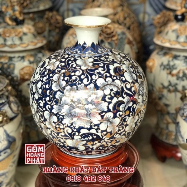 Bình hút tài lộc hoa phù dung liên hoa vẽ vàng 24k H35cm