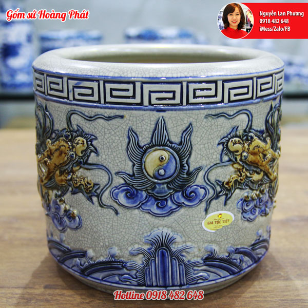 Bát hương men rạn đắp nổi Lưỡng long chầu nguyệt phi 30cm