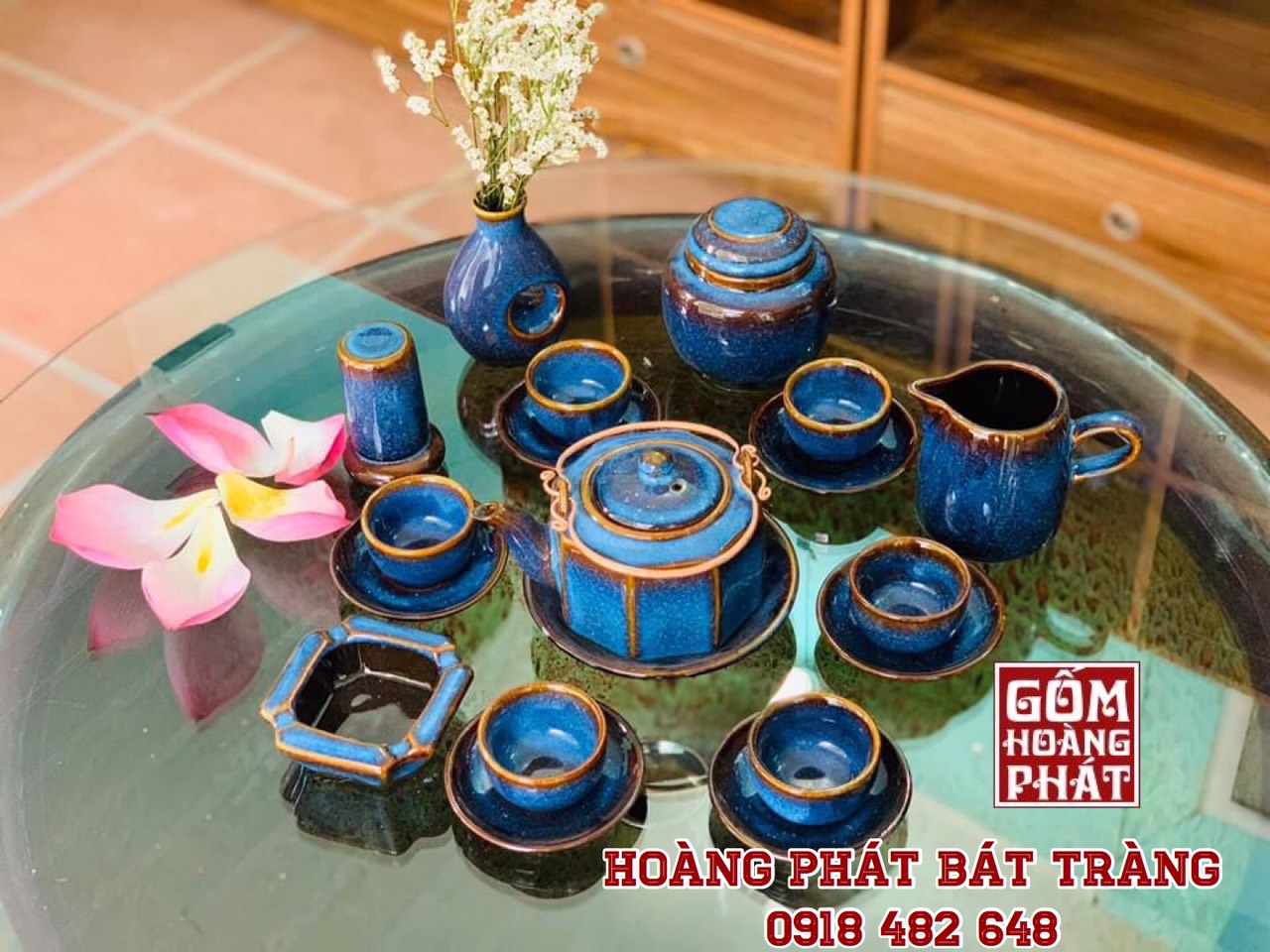 Bộ ấm chén vuông quai đồng men xanh hỏa biến cao cấp Bát Tràng 1