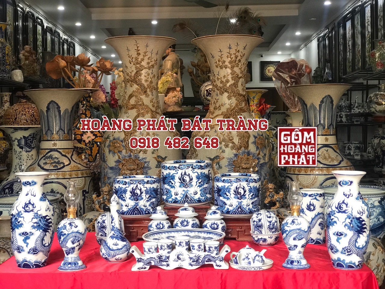 Bộ đồ thờ xanh lam nổi 3D gốm Bát Tràng số 2