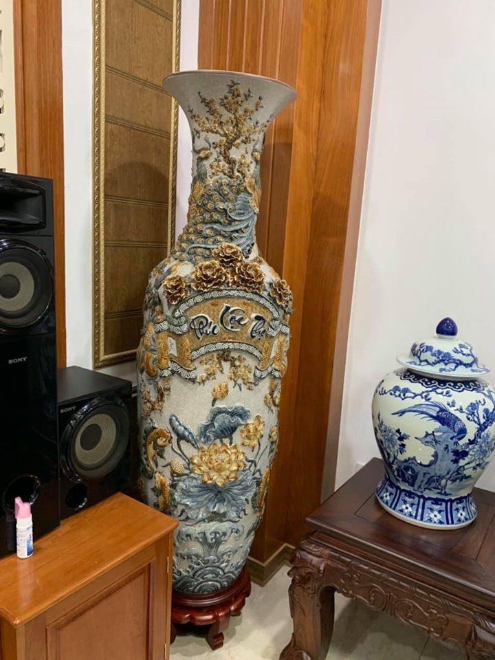 Lục bình sứ mẹn rạn Phúc Lộc Thọ đắp nổi kỹ gốm Bát Tràng LBMR152