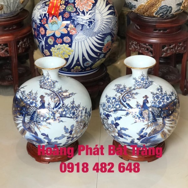 Bình hút tài lộc Chim công hoa đào phú quý vẽ vàng 24K BHL139 2