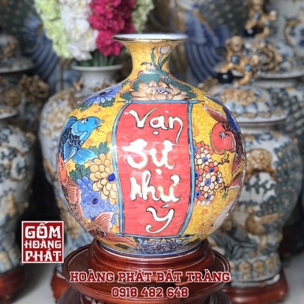 Bình hút tài lộc Vạn sự như ý liên hoa vẽ vàng kim cao cấp H35cm