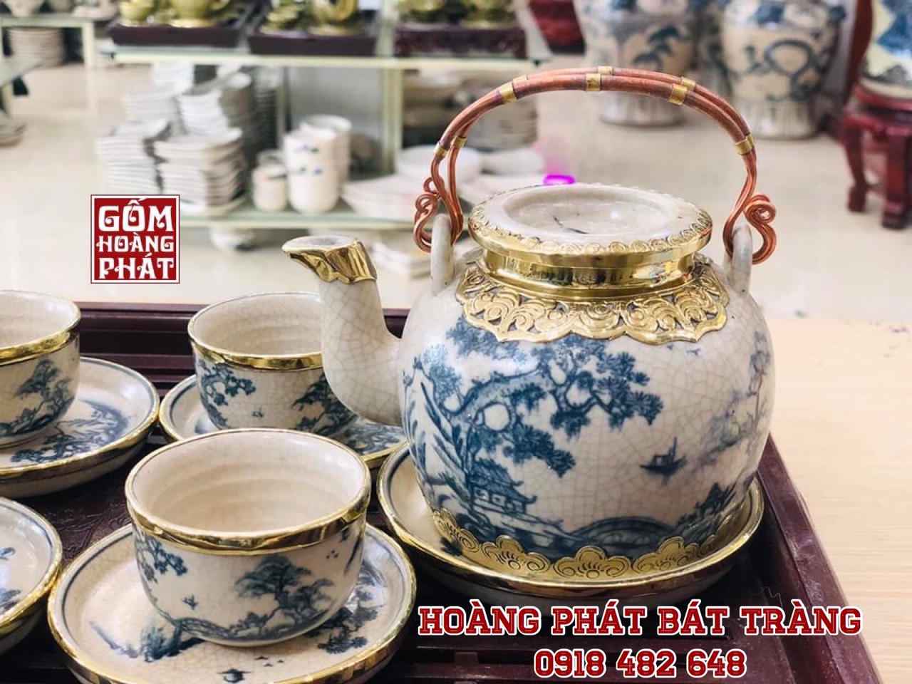 Bộ ấm chén sơn thủy bọc đồng cao cấp 2